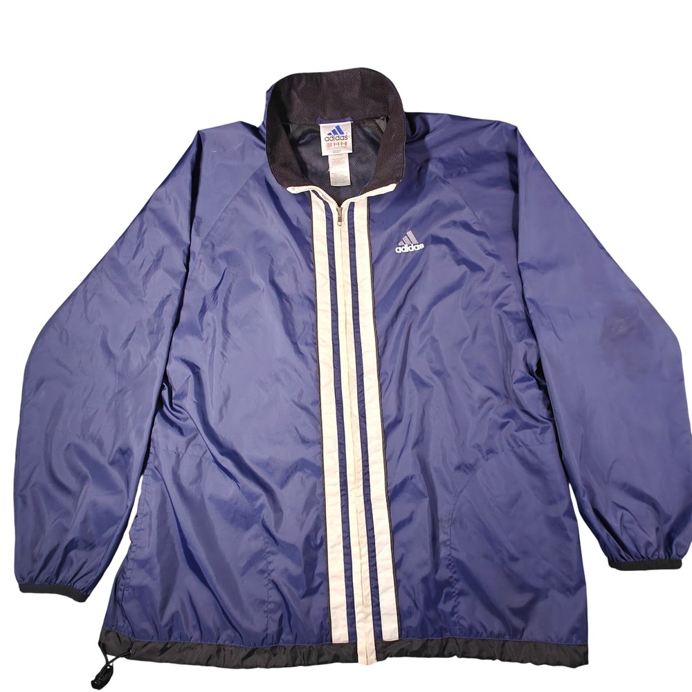 Adidas Vintage Windbreaker Jacket Navy Blue White Stripes Mens Large RN 88387‎